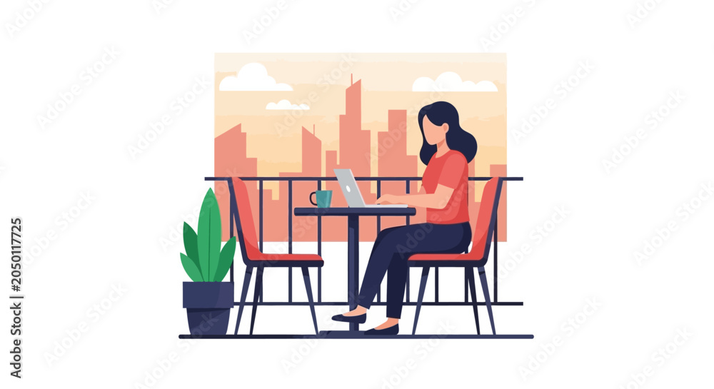 Fototapeta premium Woman Working Remotely on Laptop at Balcony with City View Flat Vector Illustration