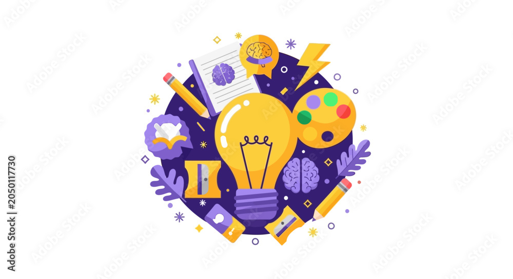 Obraz premium Creativity and Innovation Concept Flat Vector Illustration with Lightbulb, Brain, Pencil, and Art Tools for Brainstorming and Education