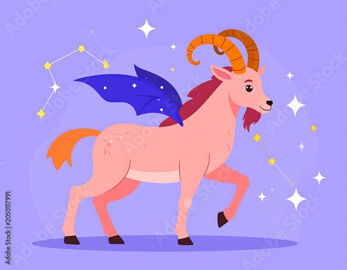 A cartoon creature with goat-like features, wings, and a starry background