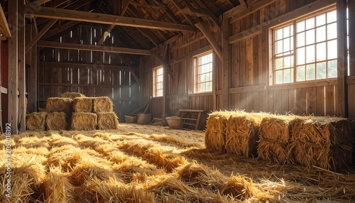 Interior view of a wooden barn illuminated by sunlight streaming through windows, hay bales stacked on the floor