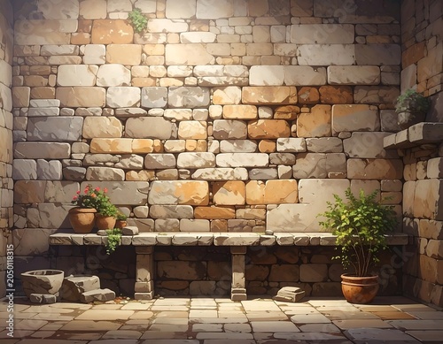 Interior view of aged stone wall with plants and a stone bench, bathed in sunlight