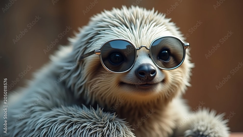 Obraz premium Sloth wearing stylish sunglasses poses for the camera with a playful expression, showcasing its unique fur texture and charming demeanor in a natural setting