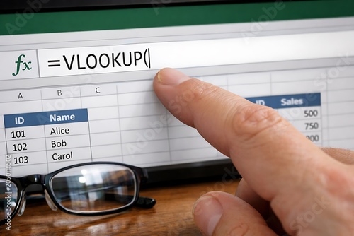 Obraz na płótnie Person Using VLOOKUP Formula in Spreadsheet Software for Data Analysis