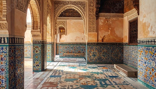 Interior view of an ornate, aged corridor. Arches lead down a hallway, showcasing colorful tilework and intricate carvings on walls
