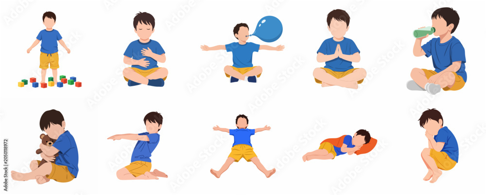 Fototapeta premium Little boy character set practicing mindfulness and emotional regulation exercises for mental health and wellness