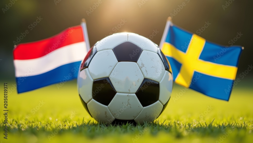 Naklejka premium Soccer ball positioned between Dutch and Swedish flags on a grassy field, symbolizing a sports event or competition between the Netherlands and Sweden