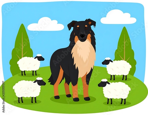 A cartoon dog stands on green grass with four sheep and trees