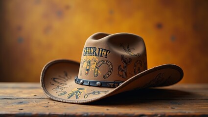 Brown cowboy hat with sheriff lettering and decorative designs resting on a wooden surface, warm background with a rustic texture enhancing the western theme