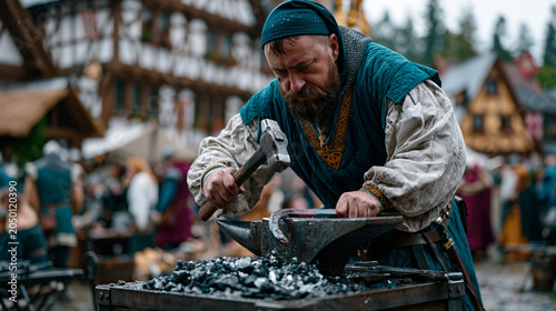 Reenactment farrier hammers a horseshoe on a portable forge anvil at a living history medieval market while costumed guild traders crowd the rain-soaked cobblestone lanes around a recreated town squ