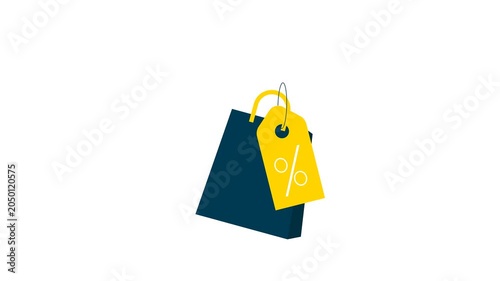 Shopping Bag with Discount Tag. A stylized 2d animation of a shopping bag accompanied by a yellow tag featuring a percentage symbol. with alpha channel transparent background