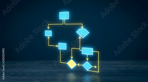 Flowchart diagram with neon glow on dark blue background decision making process