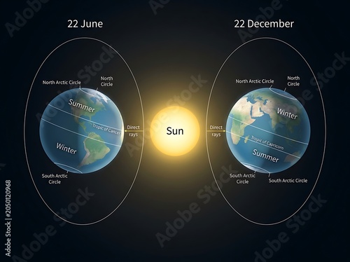 Detailed illustration showing earths seasonal changes with summer and winter solstice positions explained
