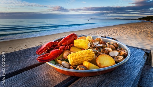 lobster and clam bake with corn and potatoes on the beach in new england