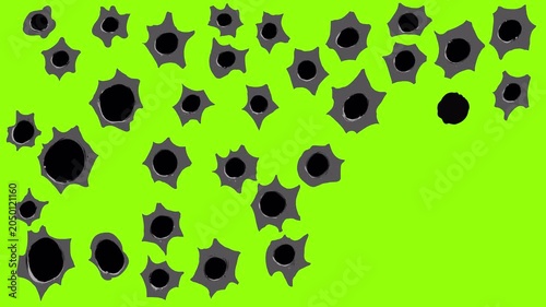 Cartoon shooting animation on a green screen. Metal bullet holes appear after shots creating impact damage in 4K with alpha channel for overlays and stock shooting effects.