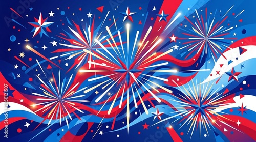 American Independence Day background with patriotic fireworks and stars, 4th of July celebration vector illustration banner with red white and blue colors