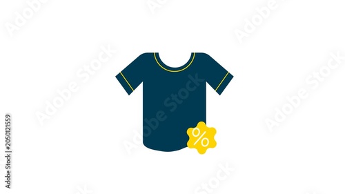 Dark Blue shirt with a Discount Tag. 2d animation shirt icon is paired with a bright yellow tag displaying a percentage symbol, indicating a sale or discount. with alpha channel transparent background