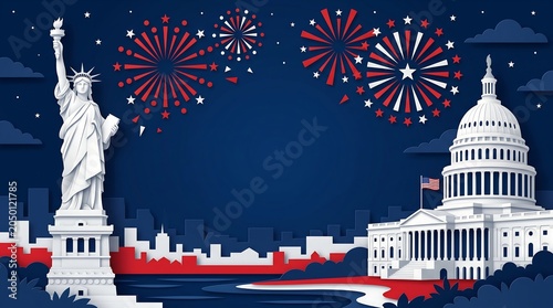 US Independence Day celebration background with Statue of Liberty, US Capitol building, and festive fireworks in paper cut style. 4th of July patriotic American national holiday banner