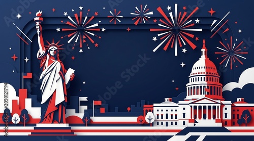 US Independence Day celebration background with Statue of Liberty, Capitol building, and fireworks in paper cut style, 4th of July American national holiday banner
