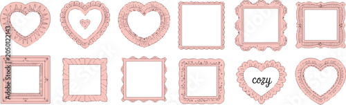 Hand drawn pink frame collection with romantic heart shapes and ornate square borders for feminine scrapbooking and card making.