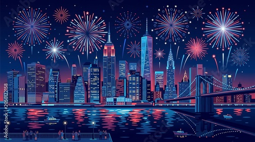 New York City skyline with fireworks vector illustration for USA Independence Day celebration, 4th of July festive night background over Manhattan and Brooklyn Bridge with crowd watching