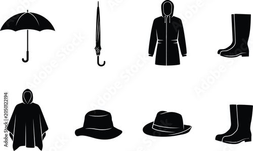 Fotografía Set of black rainy weather icons including umbrellas waterproof coats boots and