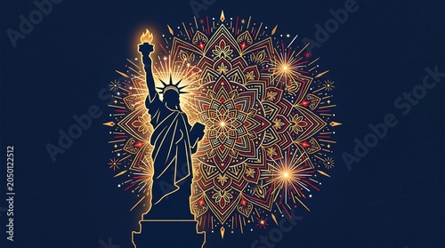 Statue of Liberty silhouette with glowing golden mandala and fireworks background for USA Independence Day celebration, 4th of July national holiday banner concept
