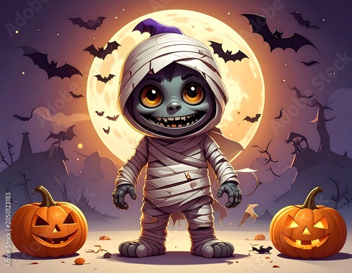 A cartoon mummy with a hood and exposed face stands between two jack-o'-lanterns on a spooky night