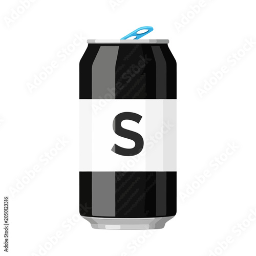 Black soda can with white label and blue tab, isolated on white