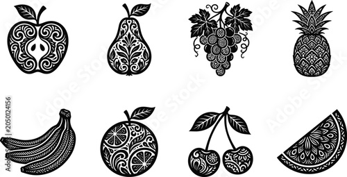 Set of black ornate fruit icons featuring stylized apple pear grapes pineapple banana orange cherry and watermelon vector illustration
