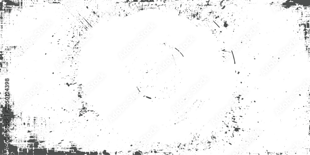 Fototapeta premium Distressed grunge frame style, rough black paint border on white background, scratched vintage texture, abstract worn edges, empty center, monochrome grunge design, high detail.