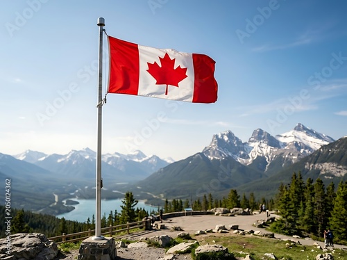 Majestic canadian flag waving on a tall pole with stunning mountain and lake scenery in background