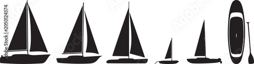 Obraz na płótnie Sailing boats and water sports silhouettes set featuring yachts sailboats and paddle board with oar for marine recreation activity