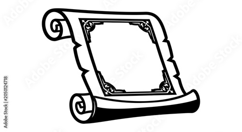 Black and white illustration of a blank parchment scroll with decorative border