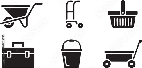 Canvastavla Set of black icons for construction and transport, including wheelbarrow, trolley, basket, toolbox, bucket, and cart