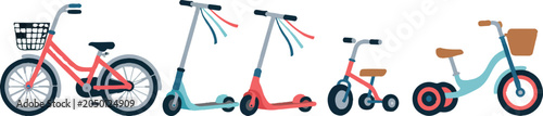 Fotografie Set of diverse children wheeled vehicles including bicycle scooters and tricycle isolated on transparent background for kids play