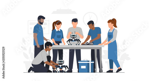 Diverse Team of Engineers Working on Robotics Projects in Modern Workshop Flat Vector Illustration - STEM Education and AI Technology Concept