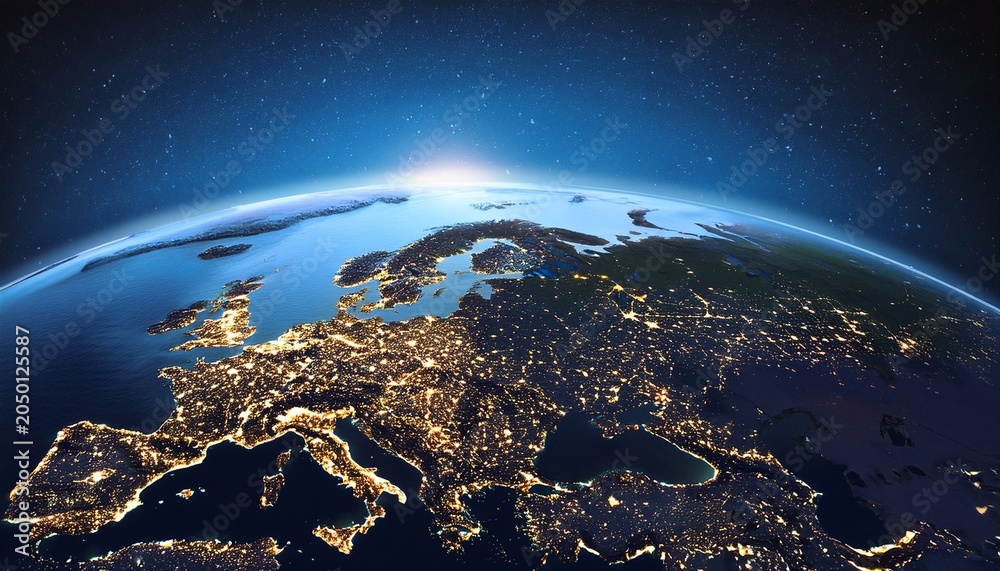 Naklejka premium europe at night from space city lights illuminate the continent concept of urbanization energy consumption and global connectivity