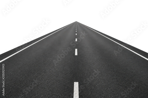 Winding asphalt road with white and dashed lines on transparent background.