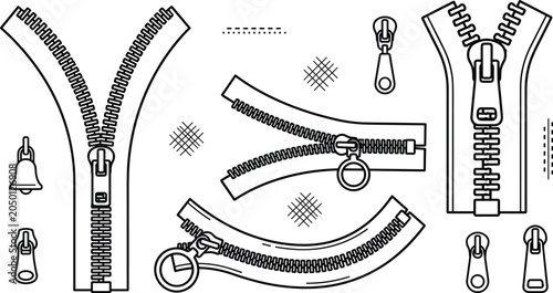 Cuadro en lienzo Metal clothing zipper and pull slider vector line art icon set for tailoring and
