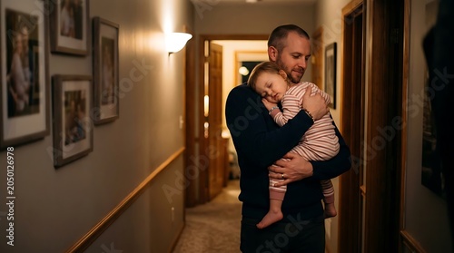 Father holding baby in hallway.