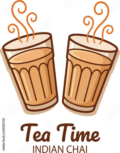 Two glasses of steaming hot indian masala chai tea with brown liquid and swirling orange steam lines isolated on a white background with the text tea time indian chai below the beverage