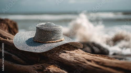 A beach hat placed on driftwood with ocean waves softly blurred in the background