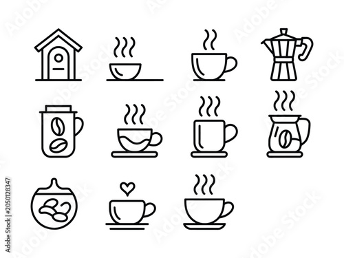 Coffee icon set with various cups and coffee makers illustrated