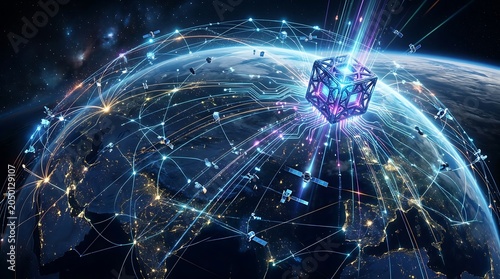 Global network visualization with futuristic cube and earth.