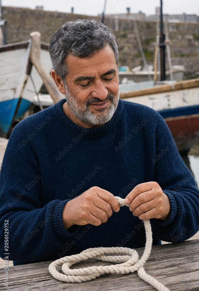 Obraz premium Seasoned fisherman with gray hair and beard smiles gently while working with a thick rope on a rustic wooden table. Male carefully ties or splices a knot. Fishing boats rest in a quiet, coastal harbor