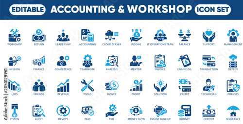 Accounting Finance Workshop Maintenance Management Vector Icon Set. editable, profit, management, audit, revenue, accounting, technician, graphic, and solid icons.