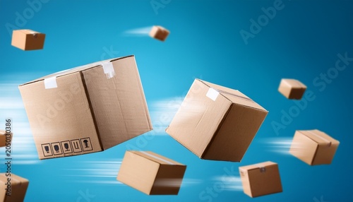 cardboard boxes flying at high speed on blue background