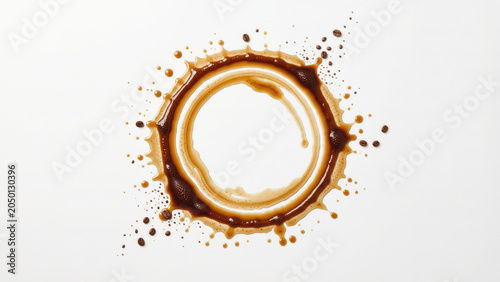 Accidental brown coffee ring stain with messy splatters on clean white background, portraying an unfortunate beverage spill