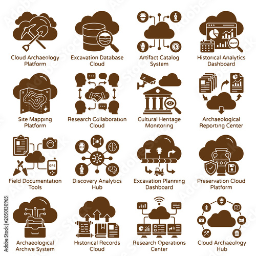 Tableau sur toile Set of archaeological cloud computing and data management icons with archaeology