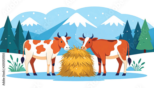 Two cows eating hay together outdoors.